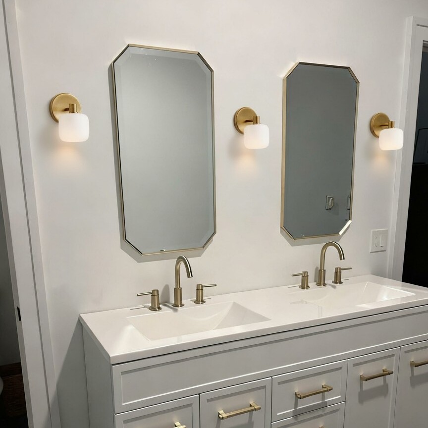 Customer bathroom mirror installation with Lirra wall sconces