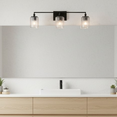 Lirra wall light above a clean bathroom vanity