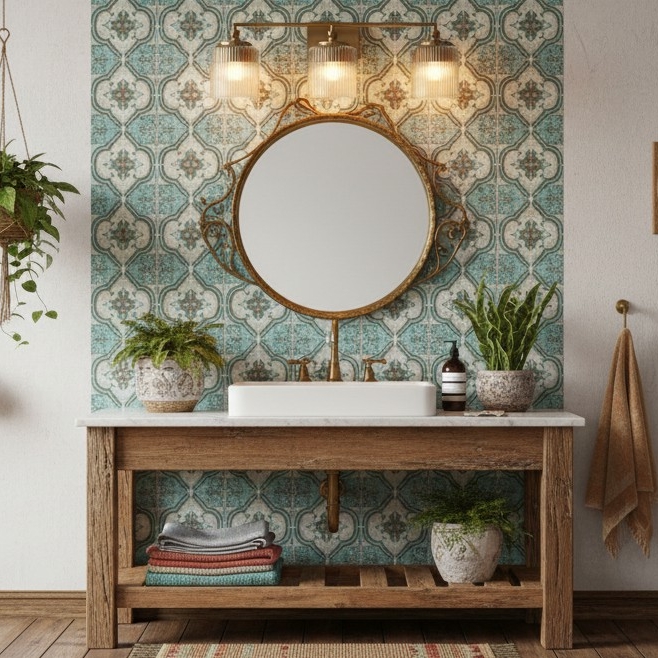 Lirra vanity light above a round bathroom mirror