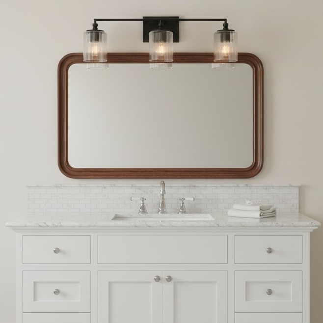 Lirra vanity light above a framed bathroom mirror