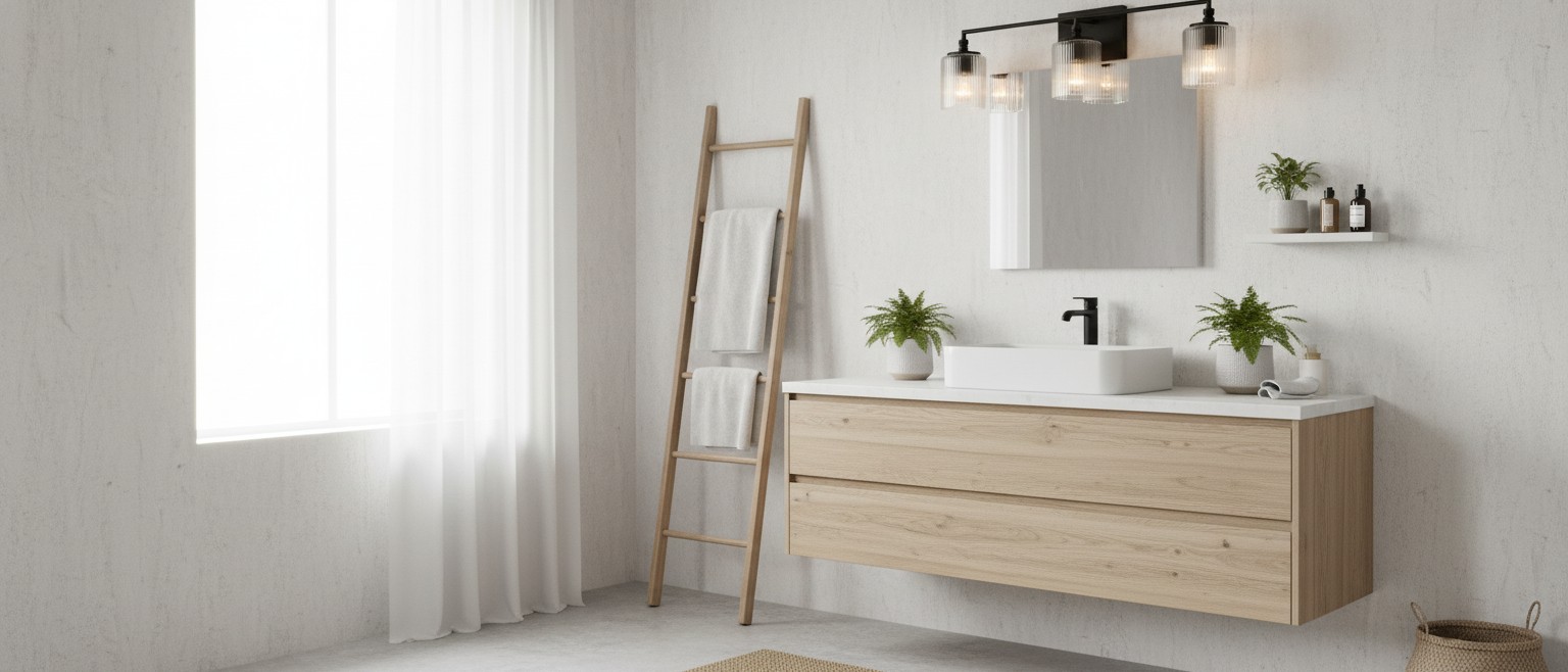 Lirra 3-light vanity light installed above a bathroom mirror