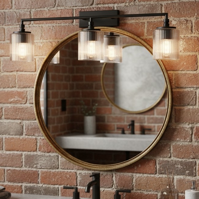 Lirra vanity light above a round mirror and brick wall