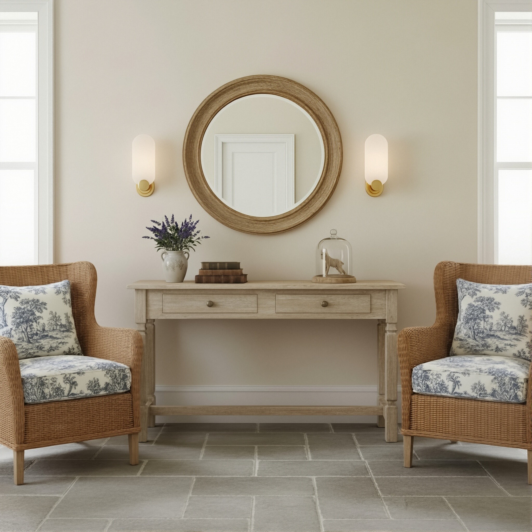 Pair of Albi wall sconces beside a round mirror