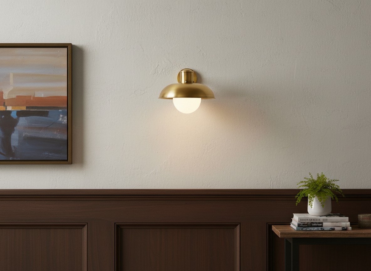Cordax wall lamp softly glowing above a paneled wall