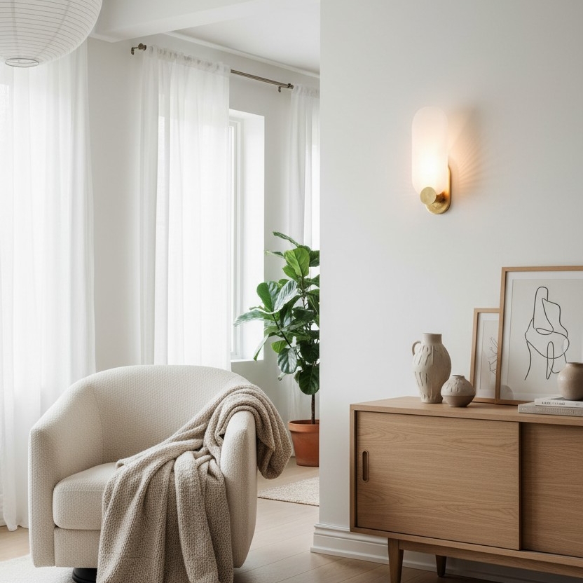 Albi wall sconce above a cabinet in a bright room