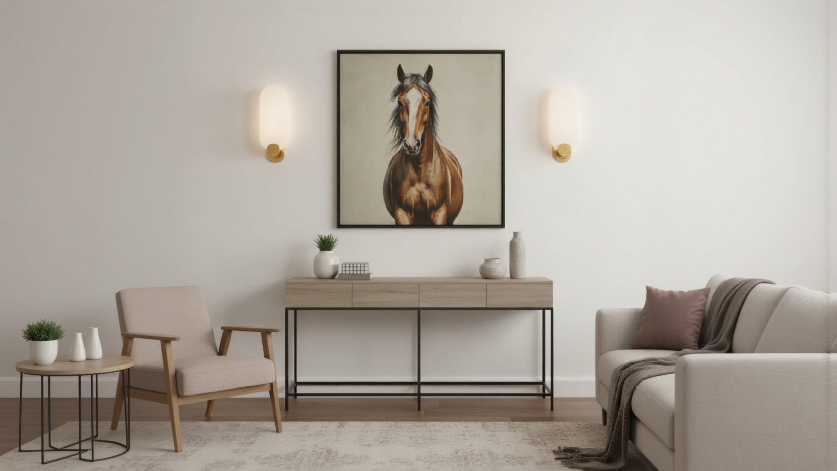Albi decorative wall sconces glowing in a living room scene