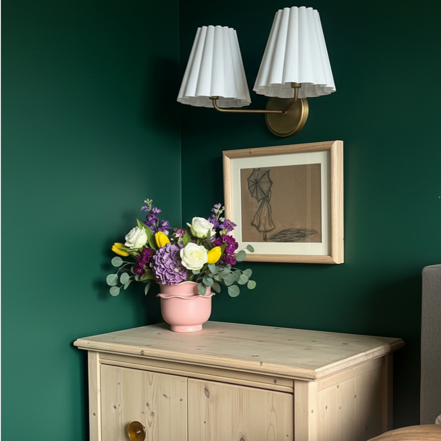 Customer room with Ruffmeto wall sconce above a cabinet