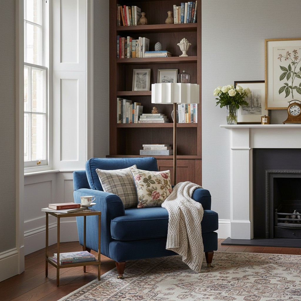 Cavilon floor lamp beside an armchair and fireplace