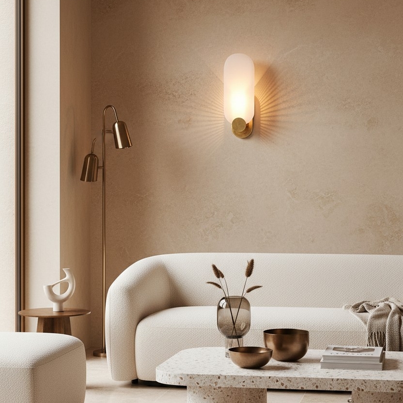 Albi wall sconce glowing above a sofa in a warm room