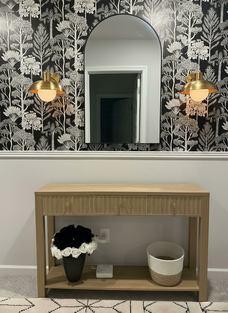 Customer vanity wall with Cordax wall lamps