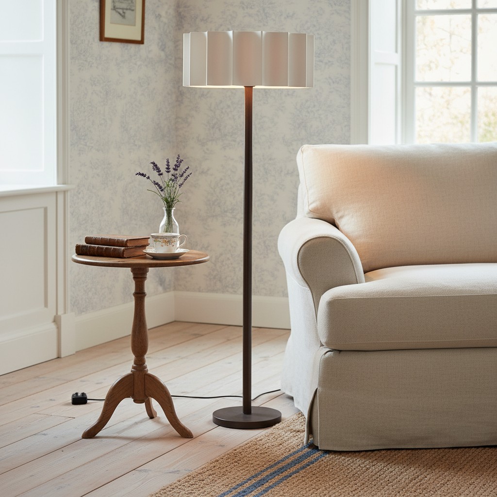 Cavilon floor lamp beside sofa and side table