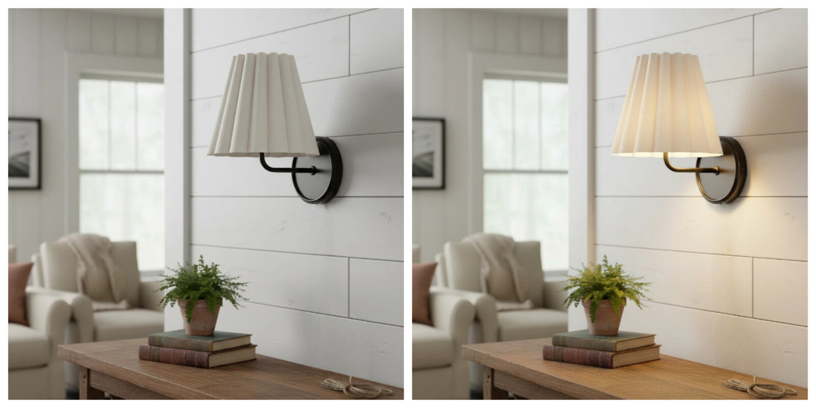 Ruffmeto wall sconce light off and light on comparison