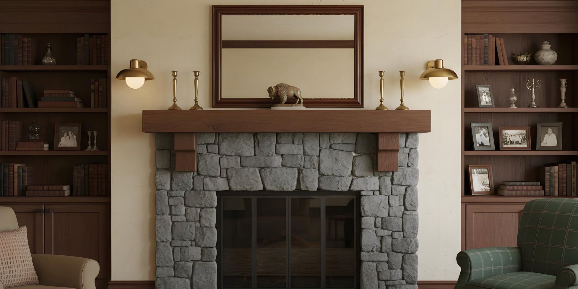 Cordax industrial modern wall lamp with opal glass in a fireplace room