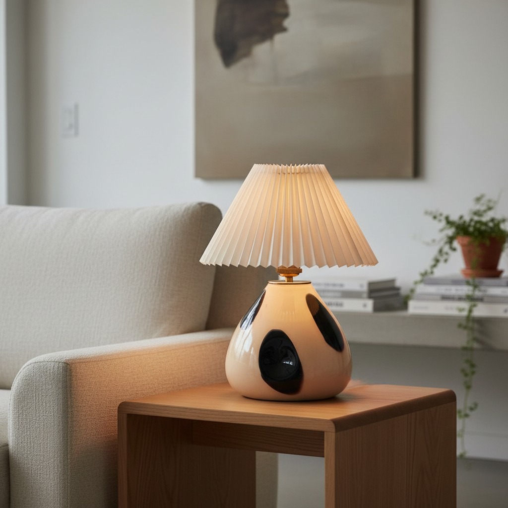 Undara table lamp glowing on a wooden side table