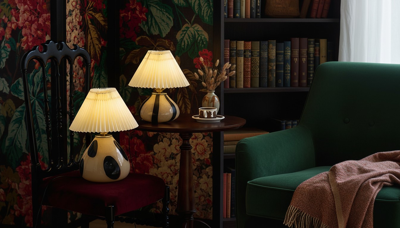 Undara series lamps glowing in a rich library setting