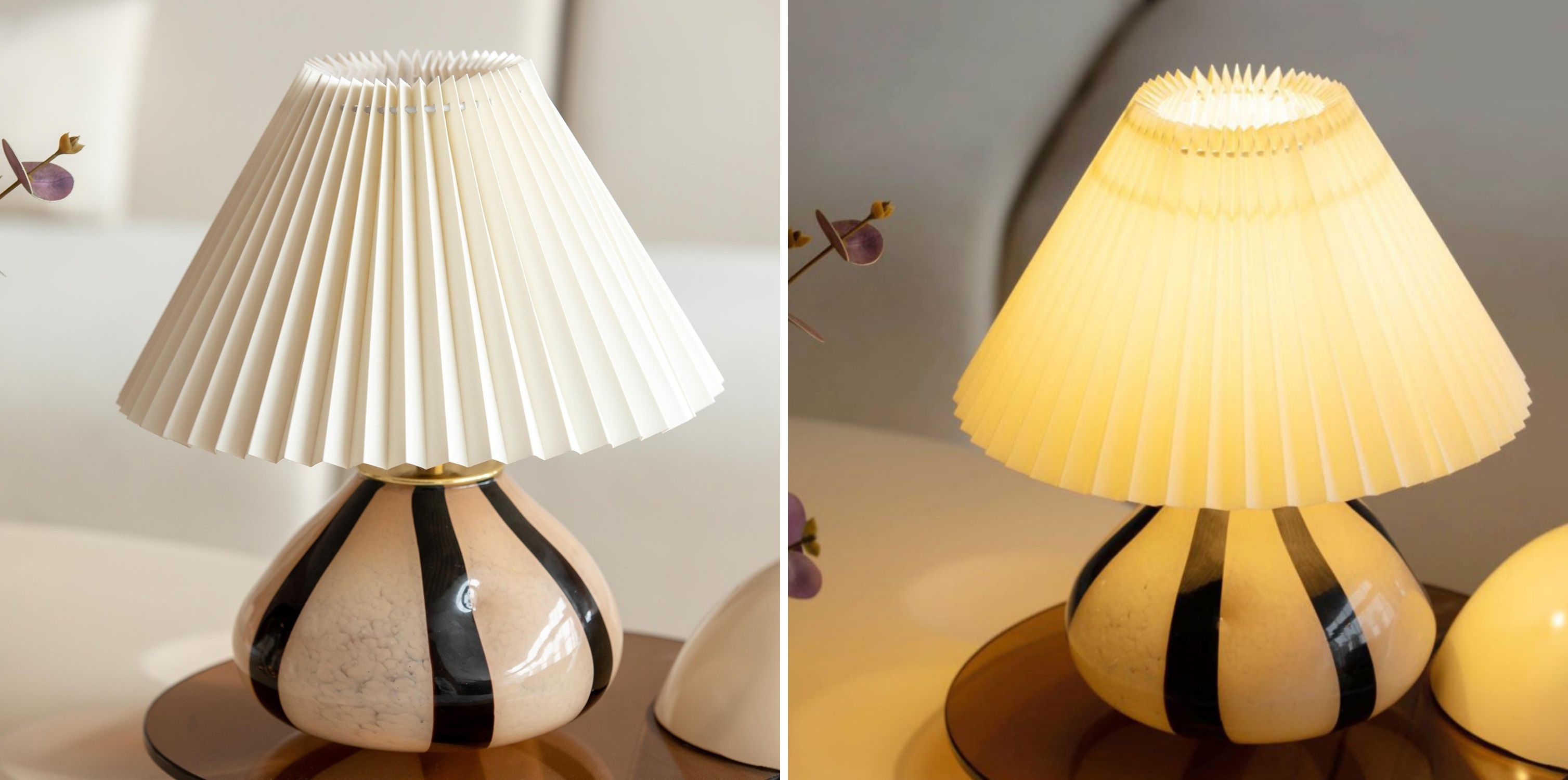 Undara table lamp switch light comparison showing unlit and warm lit shade