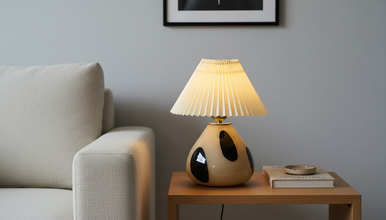 Undara pleated fabric table lamp on a side table beside a sofa