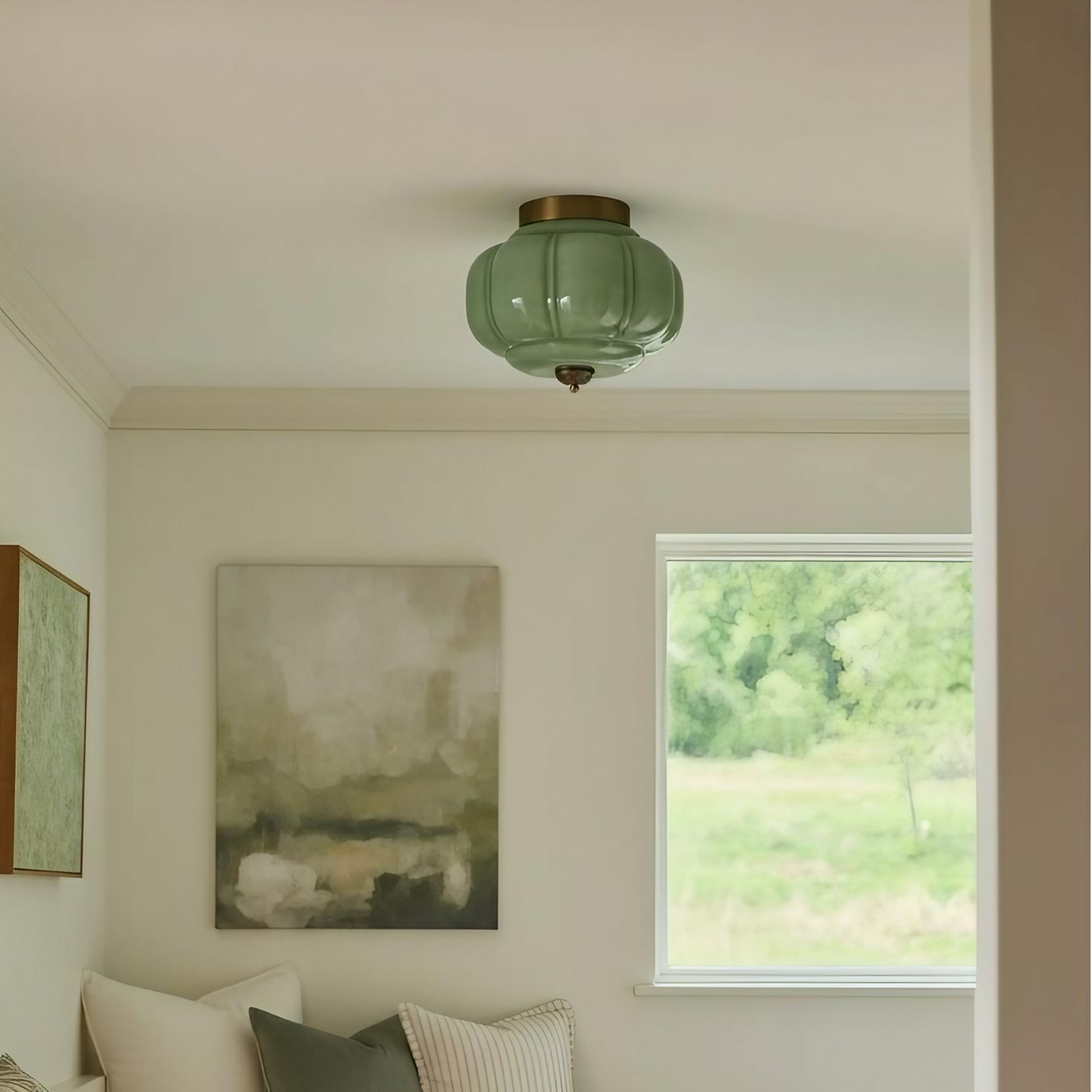 Green ceiling light in a room