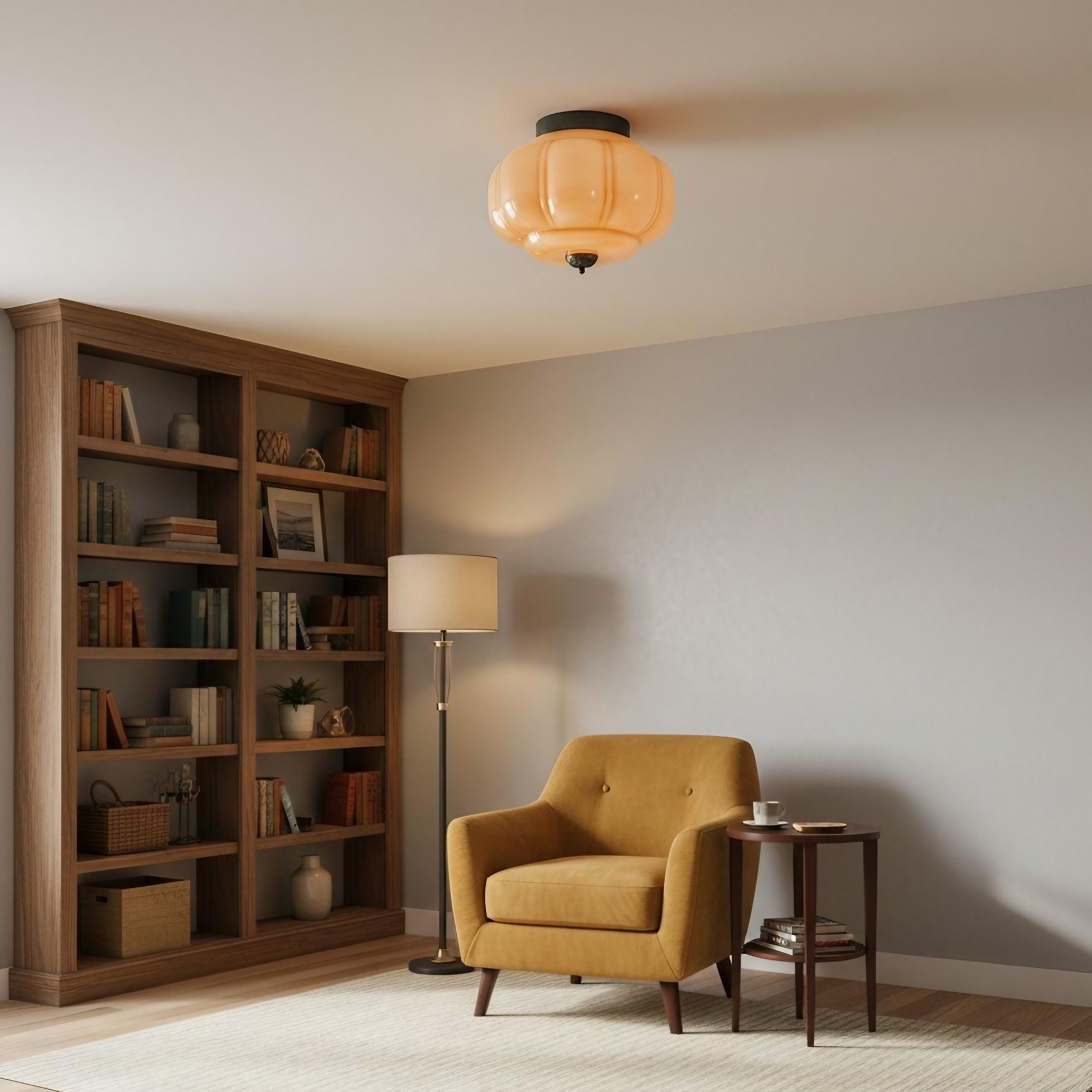 Orange ceiling light in a reading room