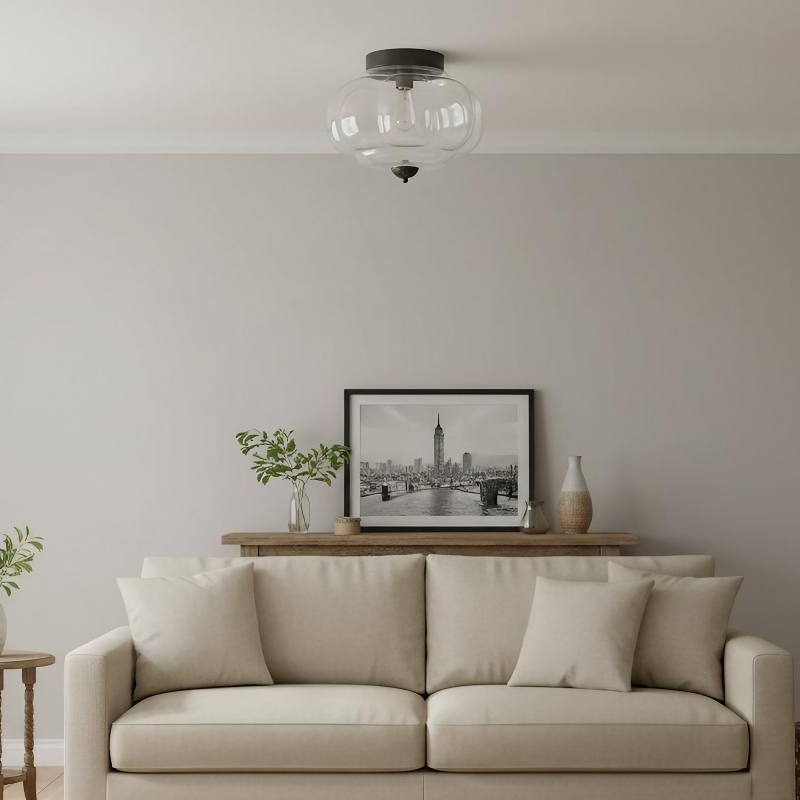 Clear ceiling light above sofa