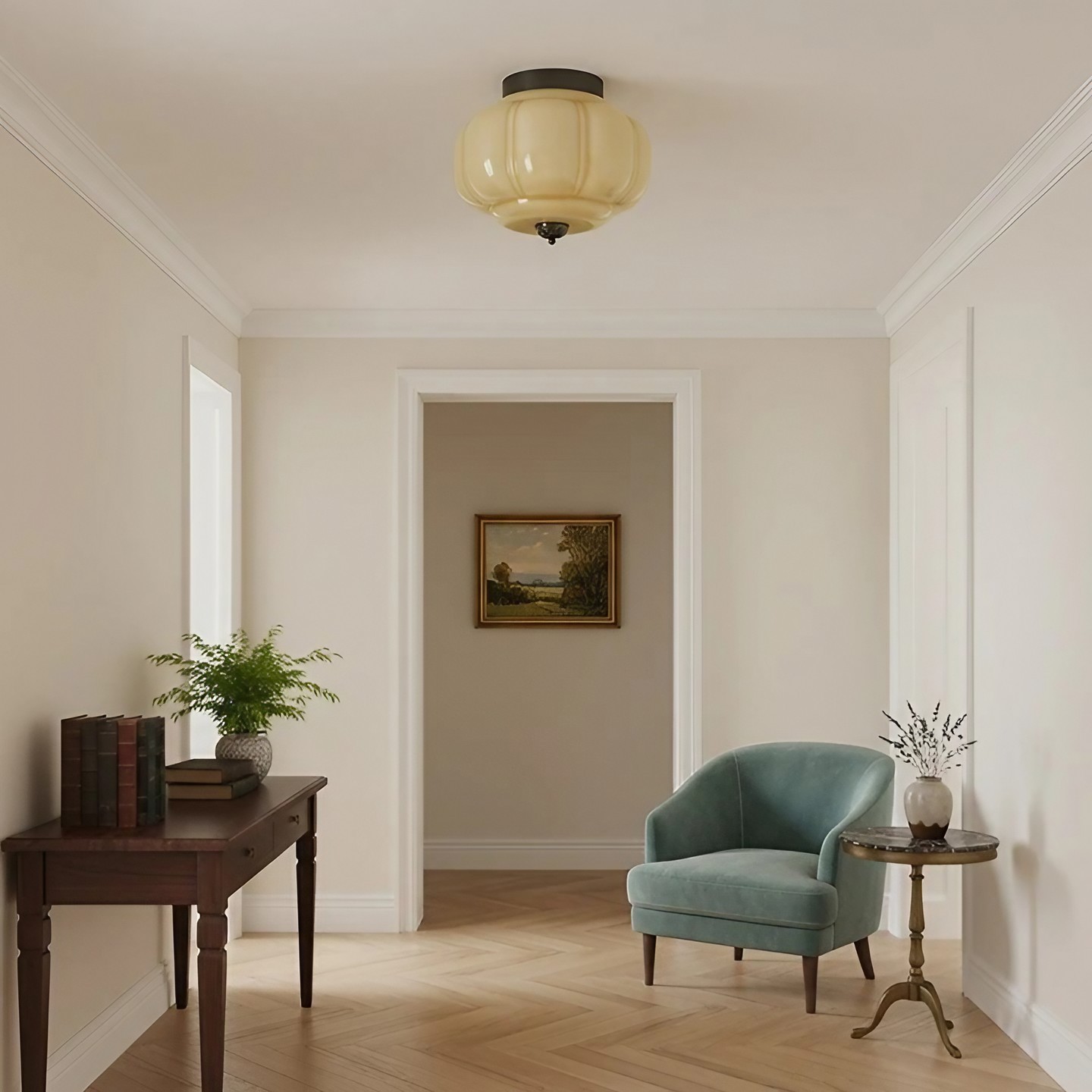 Yellow ceiling light in a hallway