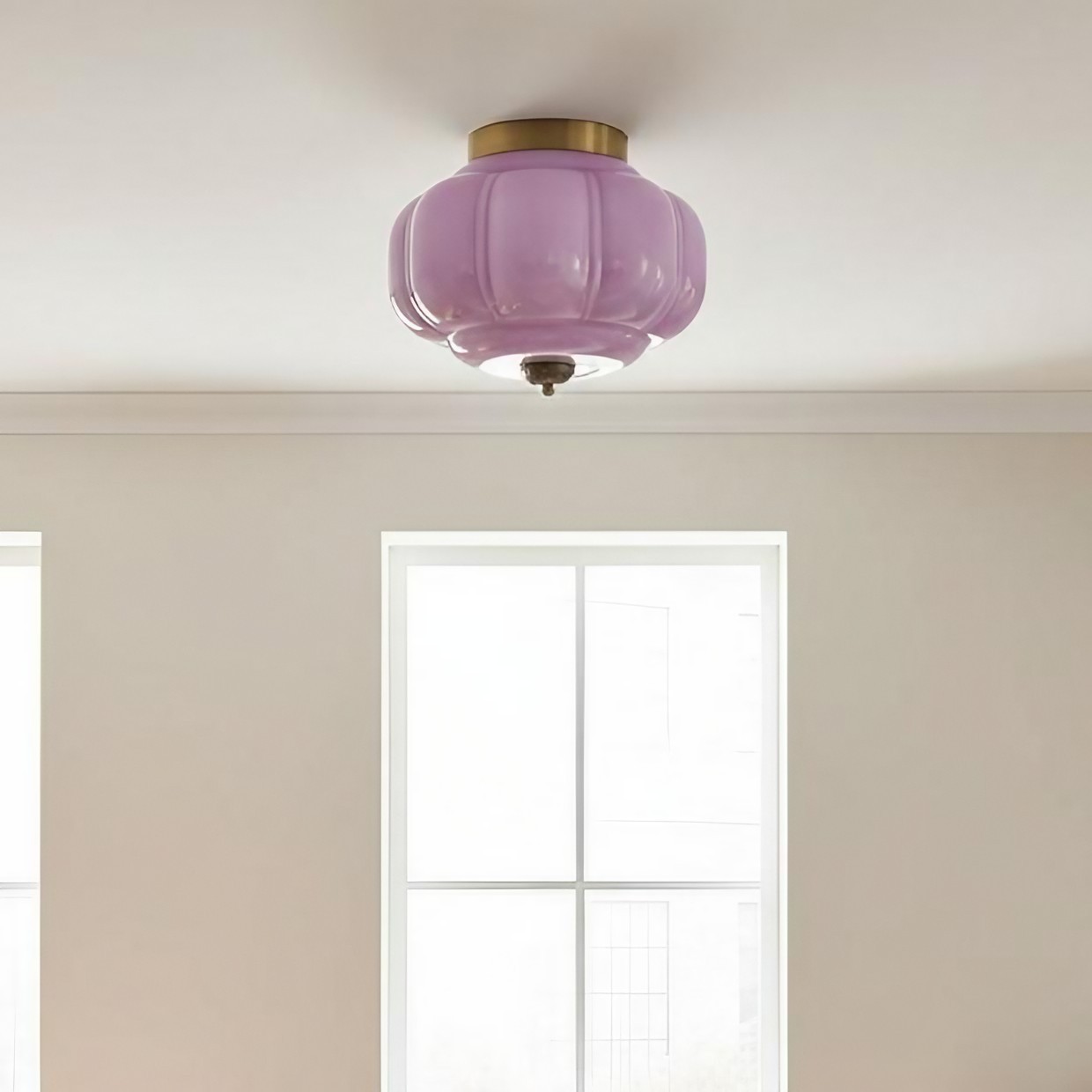 Lavender ceiling light by a window