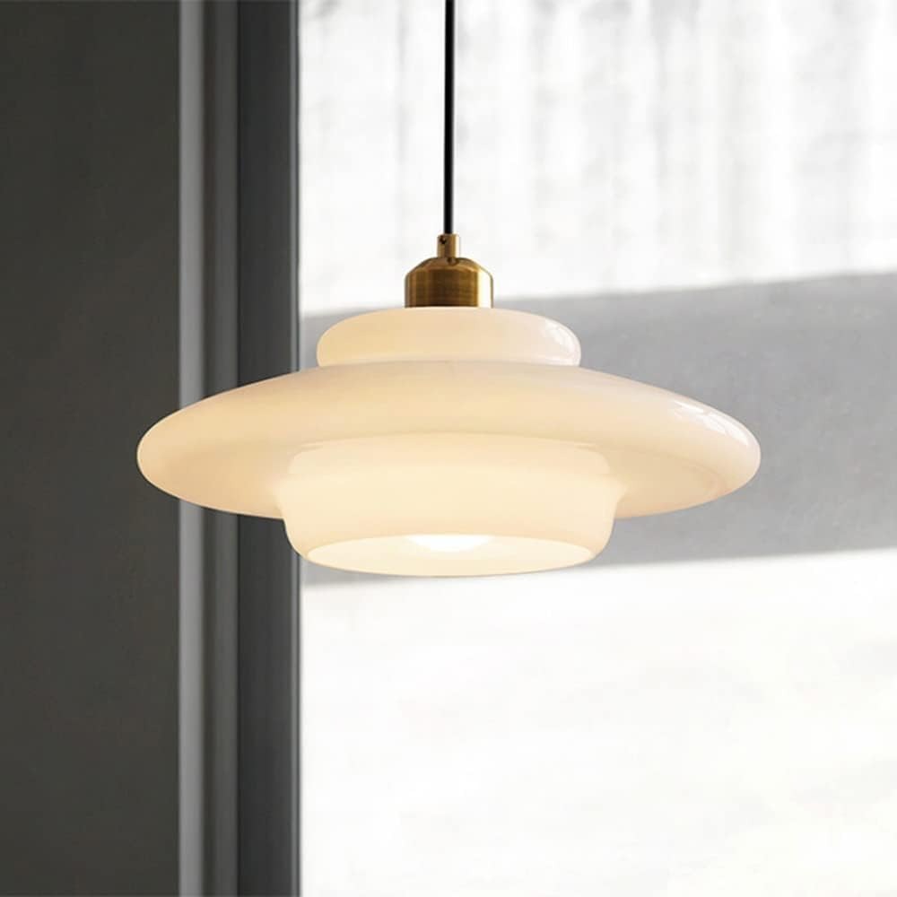 Art Deco Milk White Glass Pendant Light installed by window
