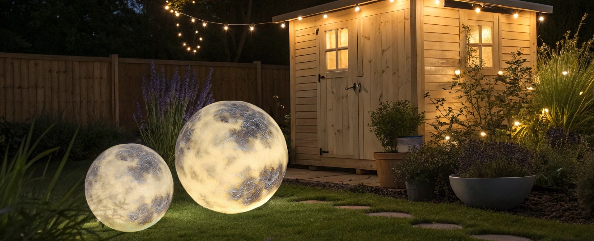 3D moon outdoor lights glowing in a garden at night