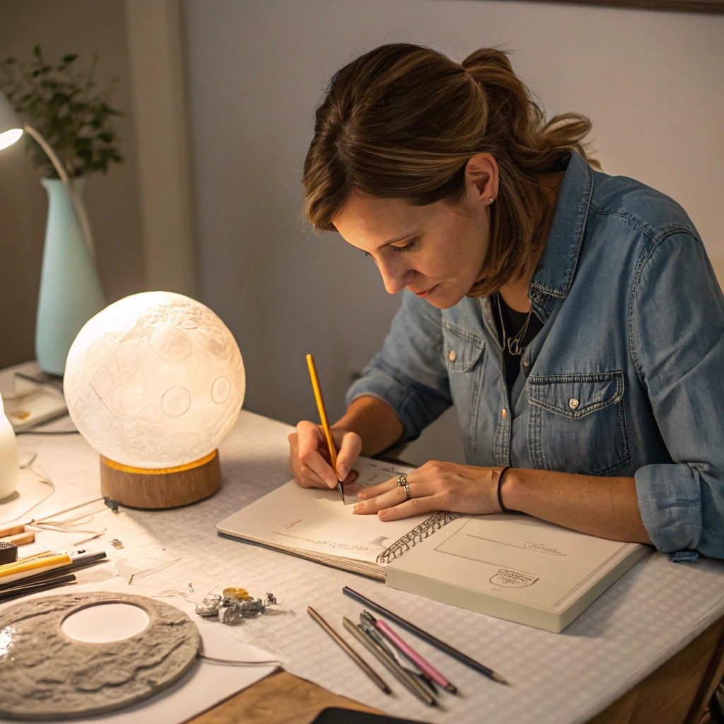 Designer working beside a glowing moon lamp