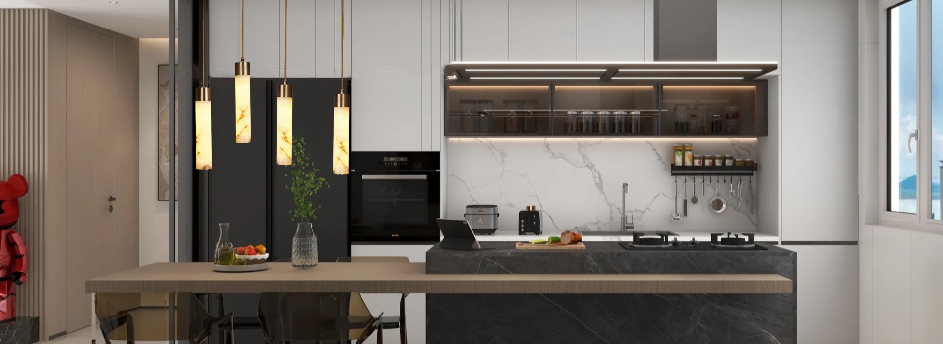Luxurious Straight Alabaster Brass Pendant Lamp in a kitchen interior
