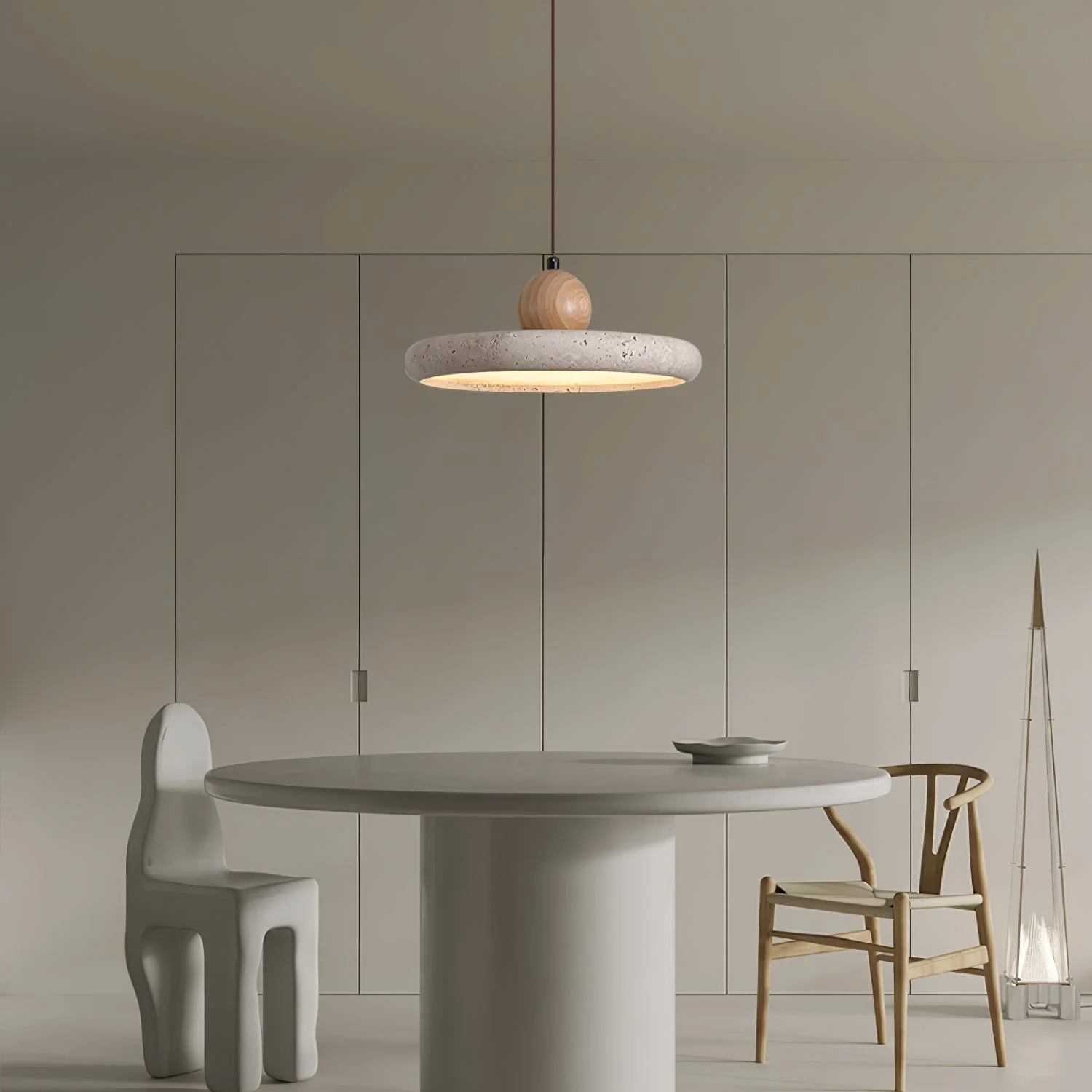 Travertine pendant light in a minimalist room