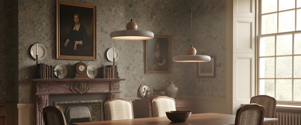 Travertine pendant light over a dining table