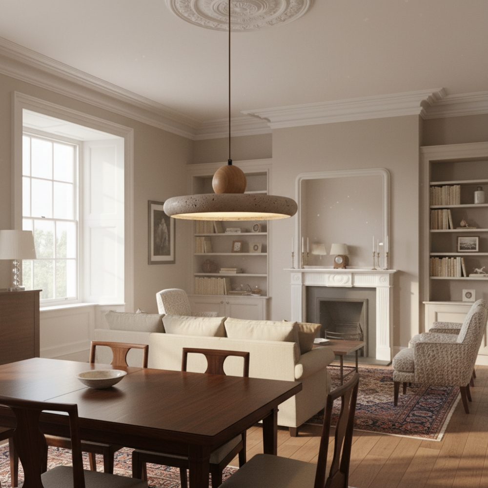 Travertine pendant light in a living space