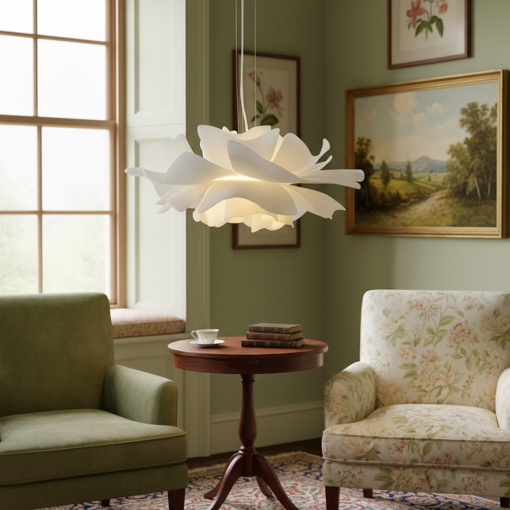 Lotus pendant light beside a lounge chair