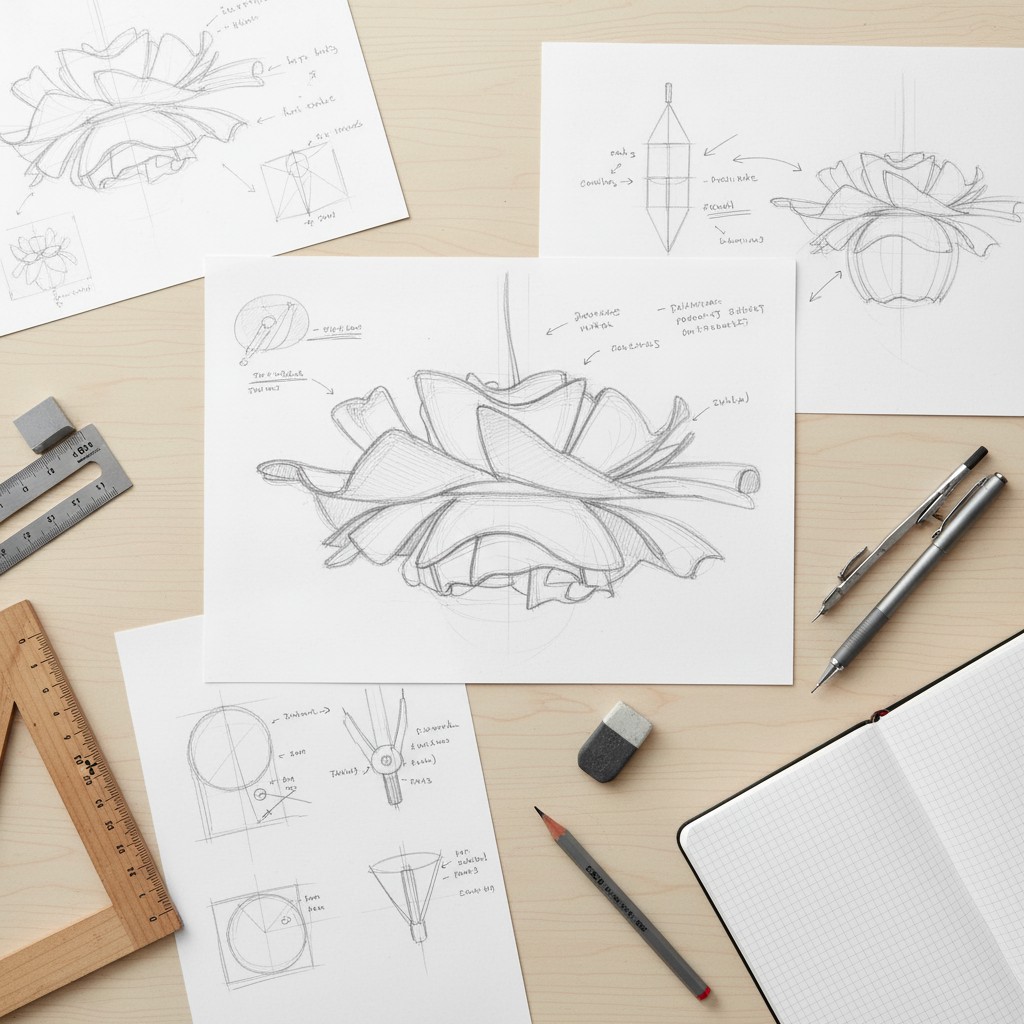 Lotus pendant light design inspiration sketch