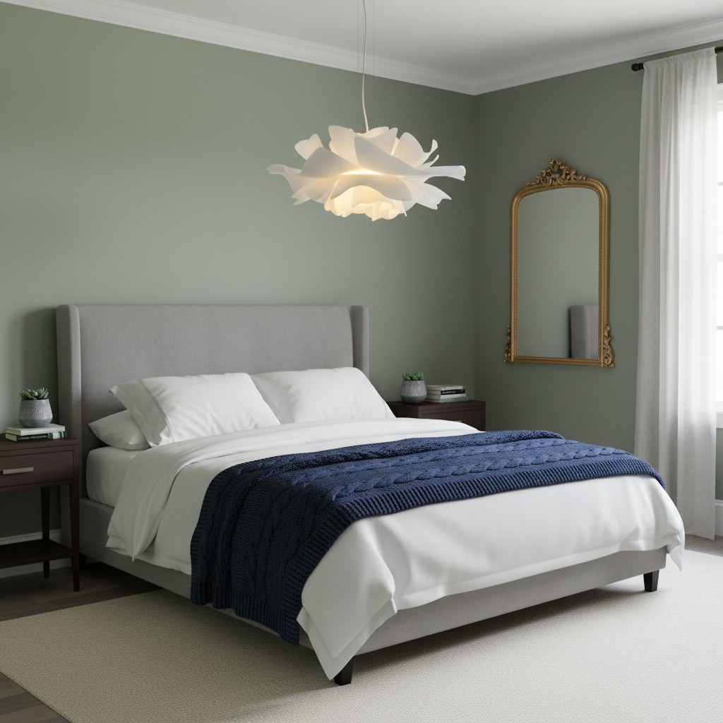 Lotus pendant light in a bedroom with mirror