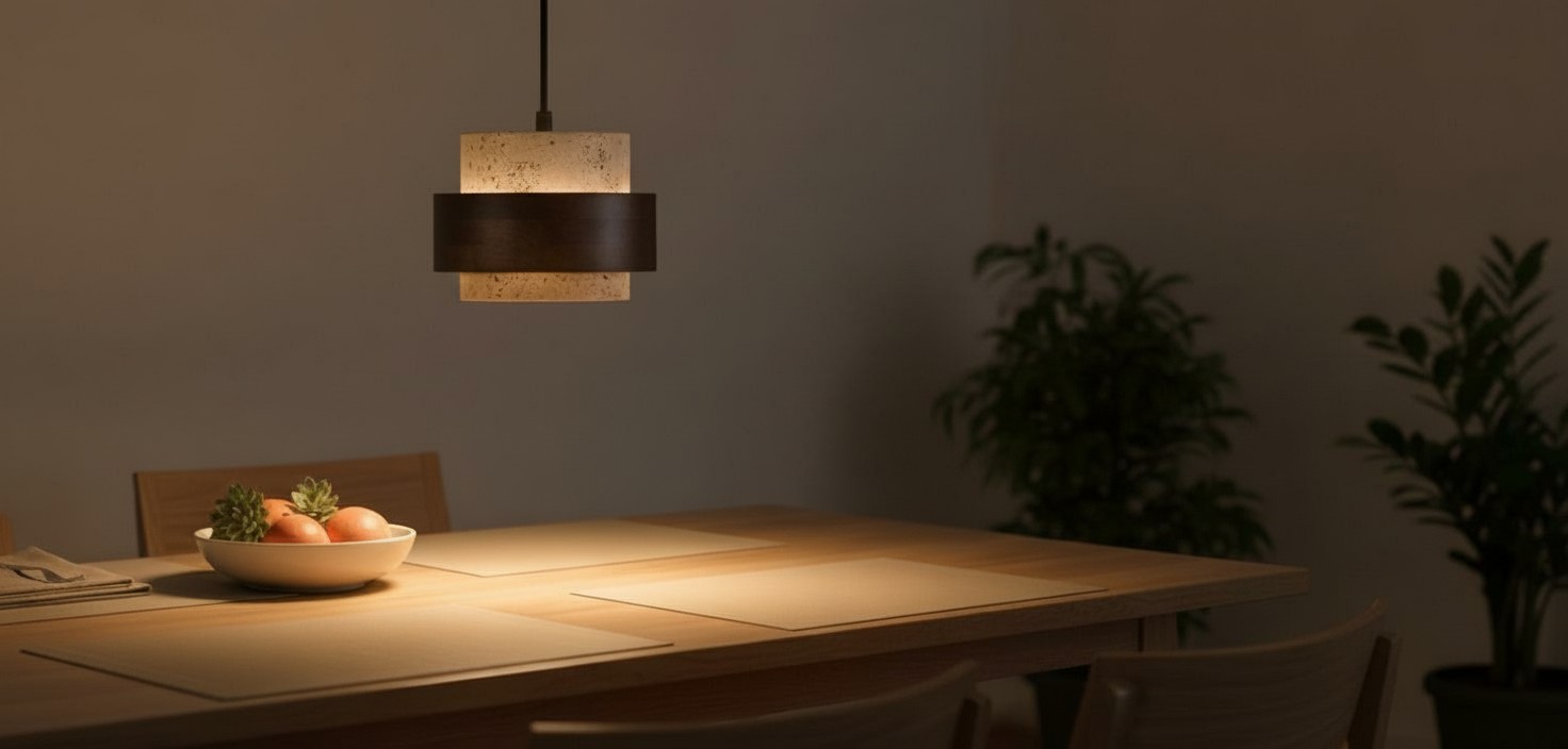 Warm pendant downlighting over a table