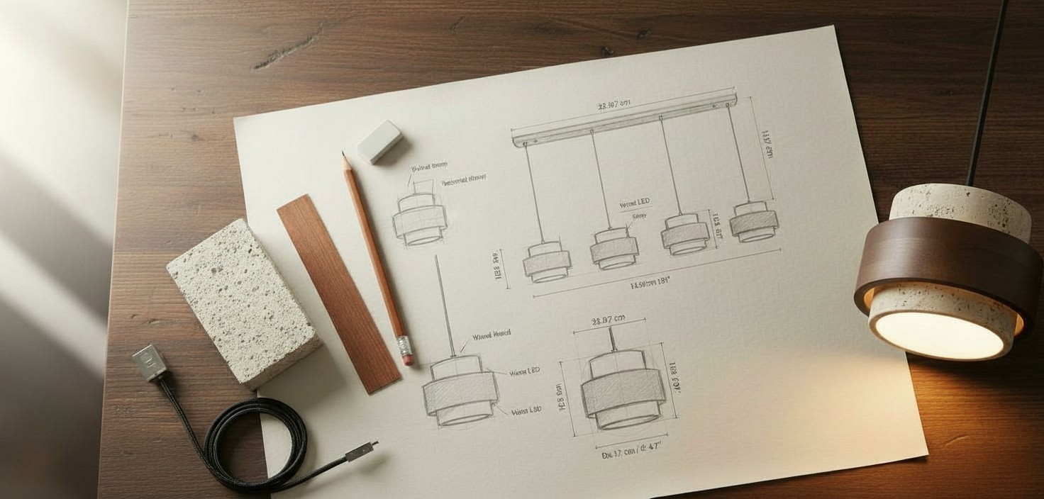 Design sketch and travertine pendant lamp detail