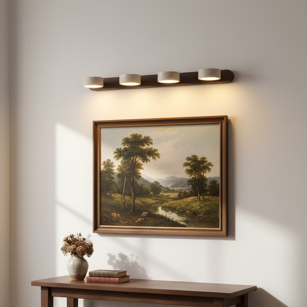 Travertine wall light over artwork and console