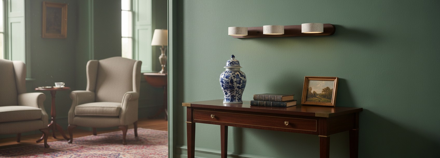 Travertine wall light installed above a console table