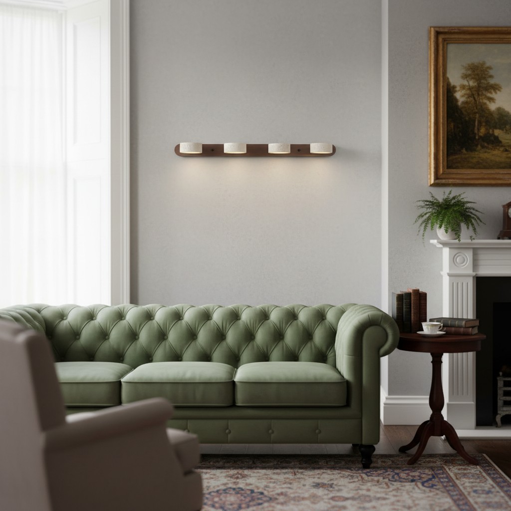Travertine wall light in living room with sofa