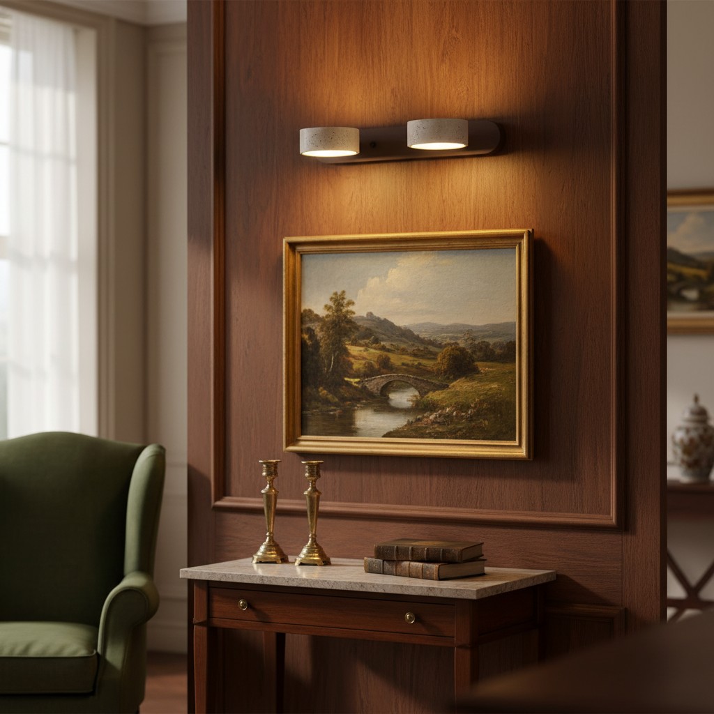 Travertine wall light in warm wood interior
