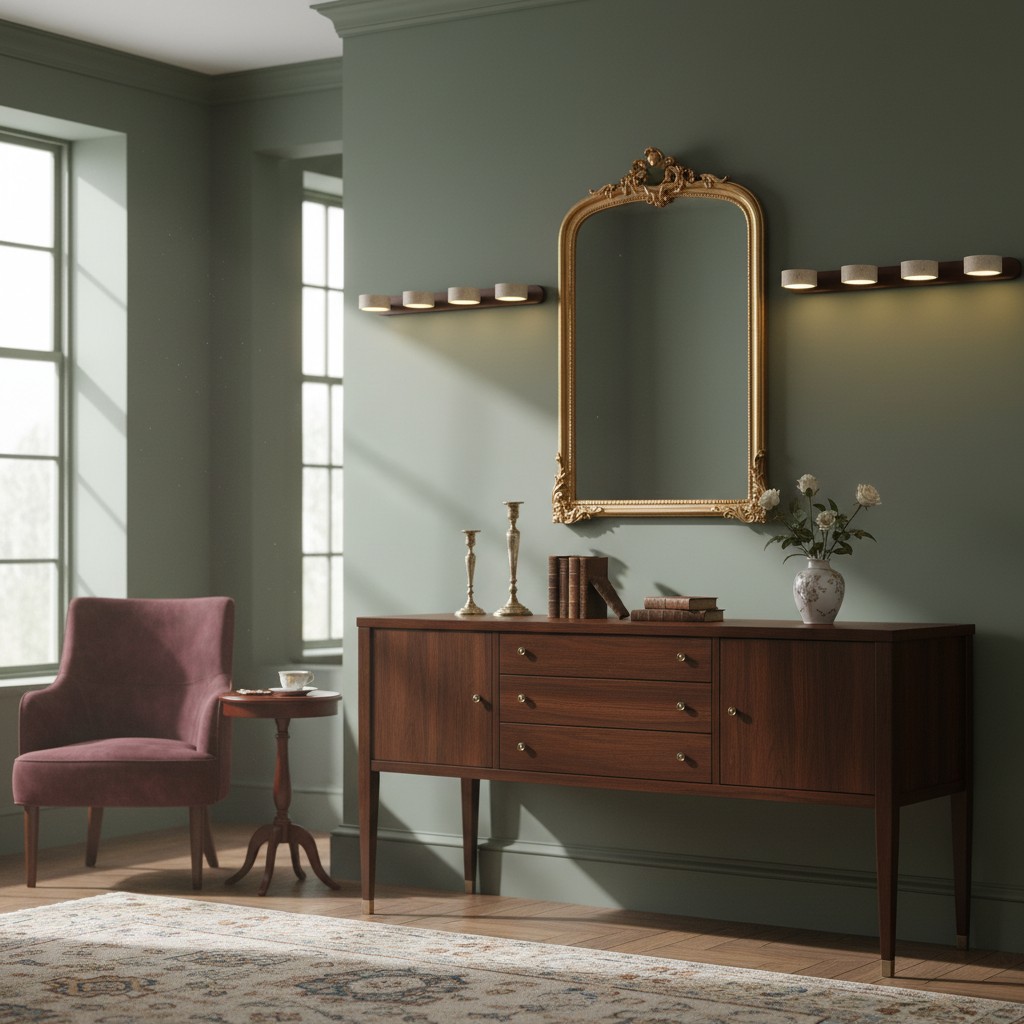 Travertine wall light above vanity mirror