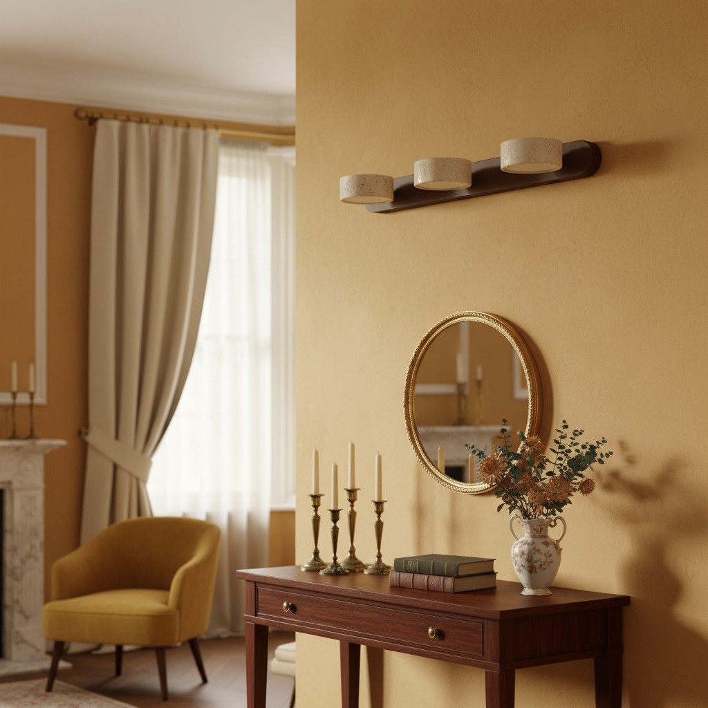 Travertine wall light over console and mirror