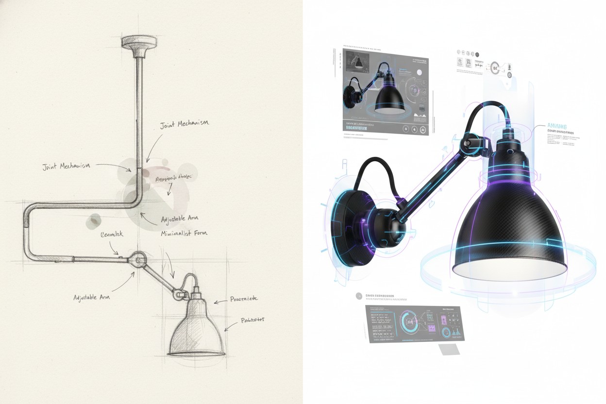 Design concept sketch and wall lamp detail