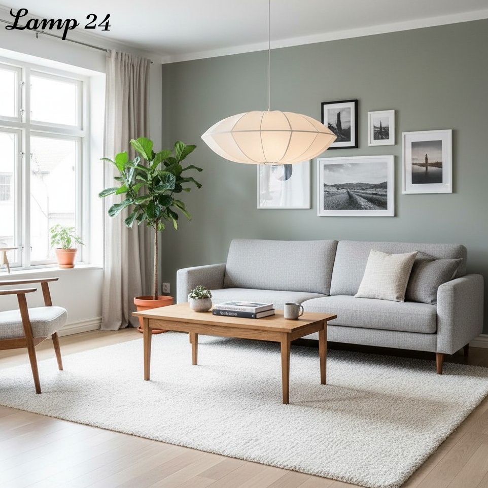 Classic UFO Ribbon Pendant Light in fireplace lounge setting