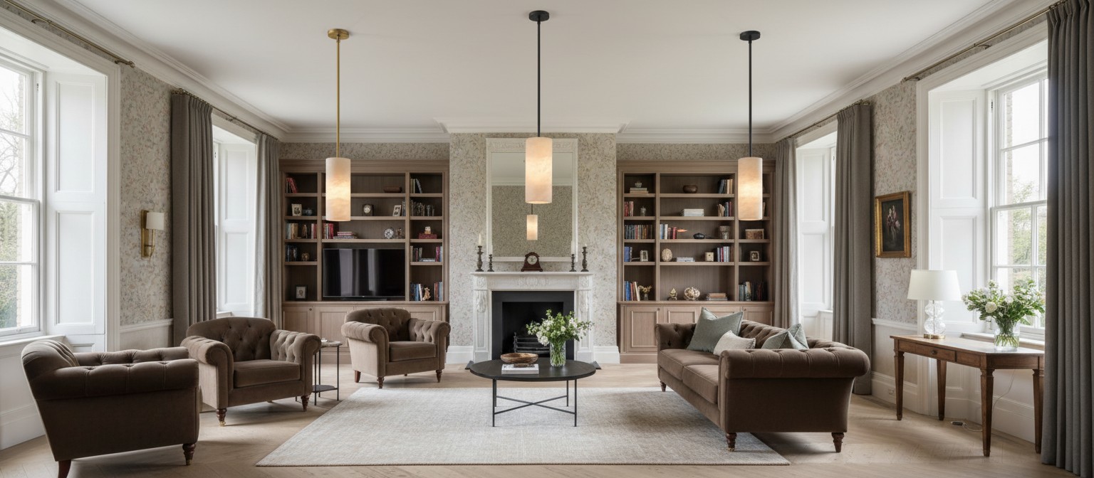 Alabaster cylinder pendant lights in a living room