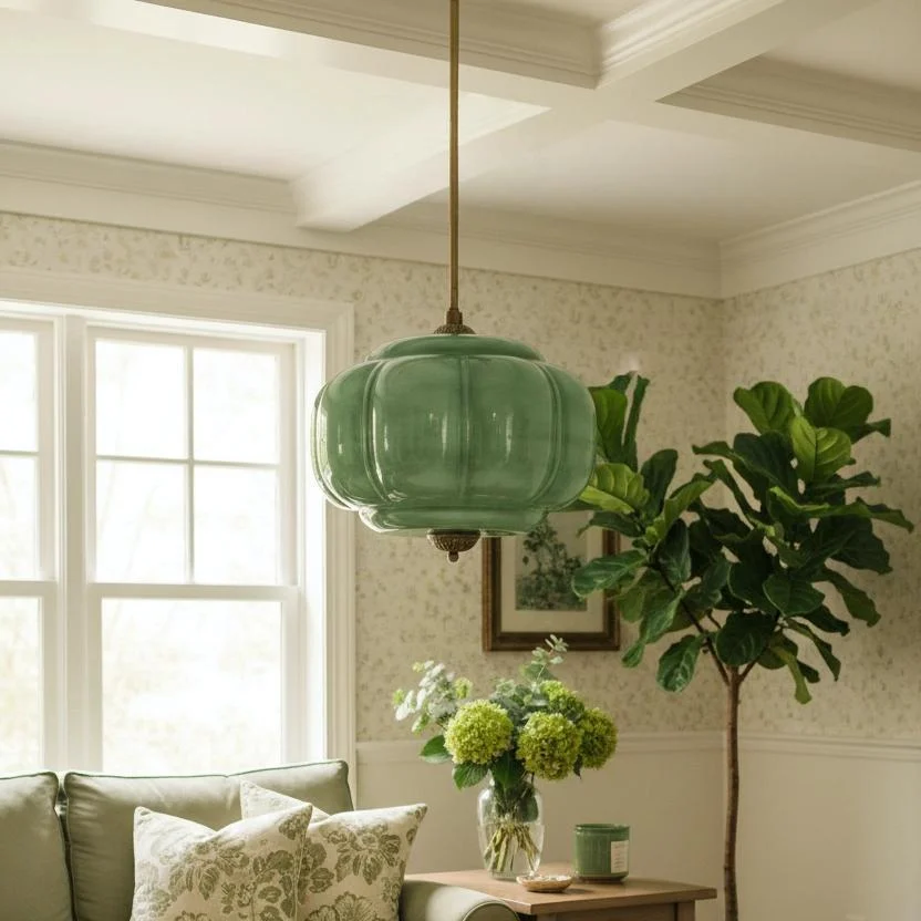 Green glass chandelier in living room