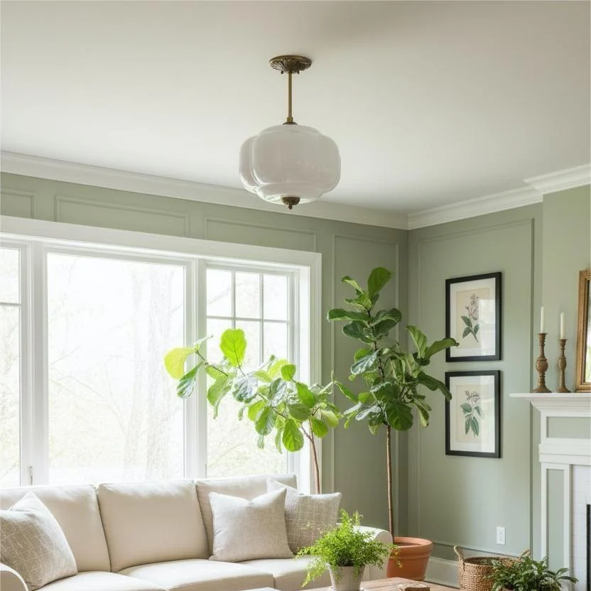 White glass chandelier in living room