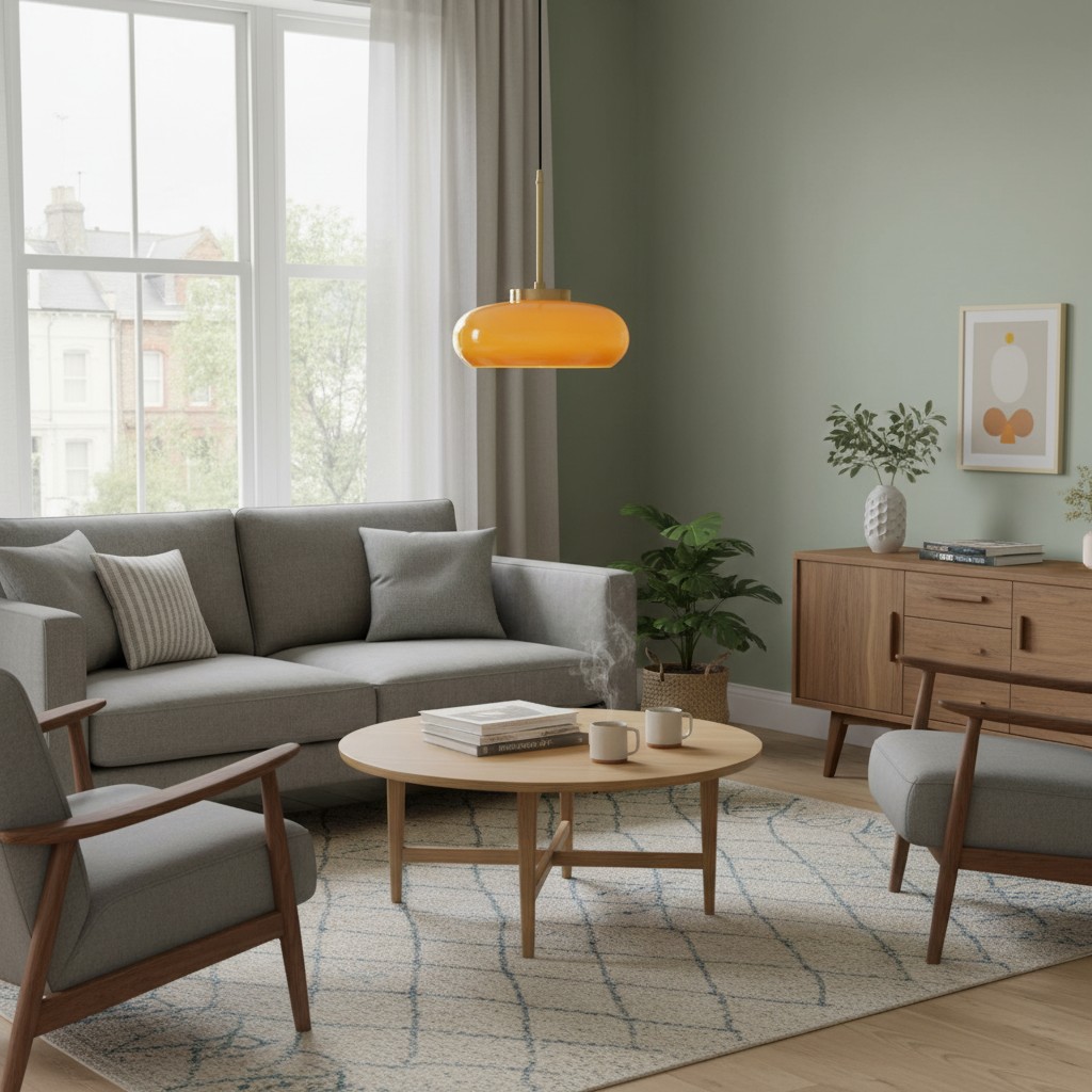 Orange globe pendant in a living room